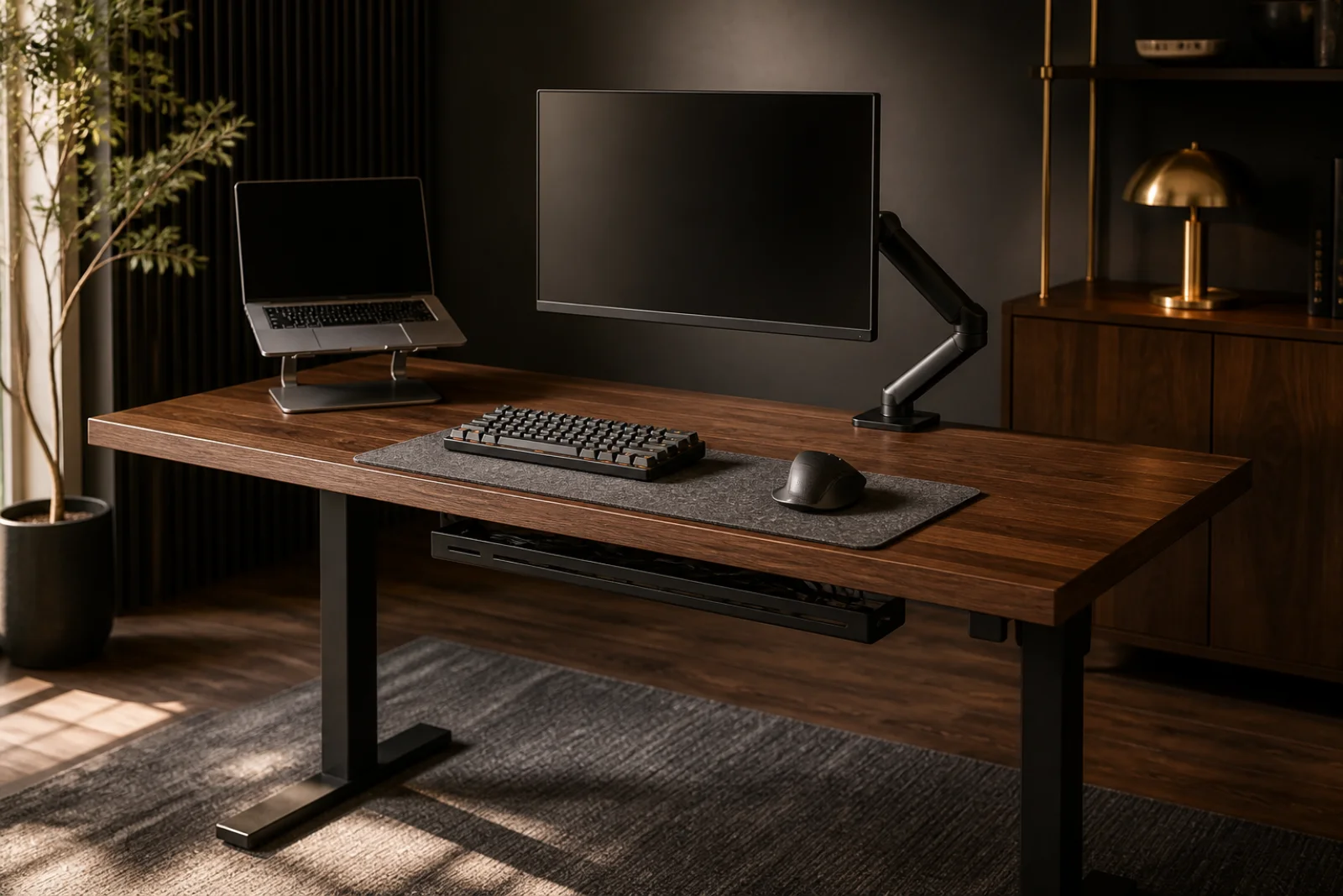 Compact Italian desk with keyboard, mouse, monitor arm, laptop stand and cable tray